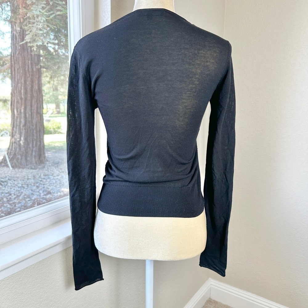 Barbara Bui Ribbed Knit Sheer Wrap Top Women S Black Long Sleeve V-Neck Designer - Picture 2 of 9